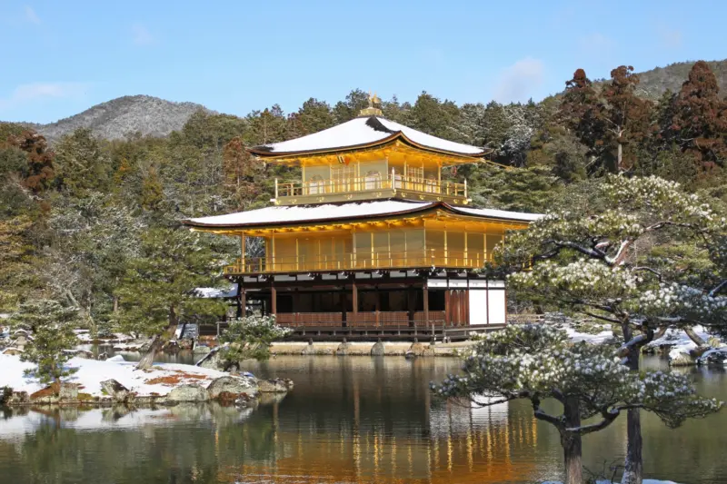 Kinkaku-ji in Kyoto, a golden temple reflected in a pond.