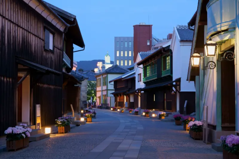 Restored historical buildings at Dejima, reflecting Nagasaki's trading past.