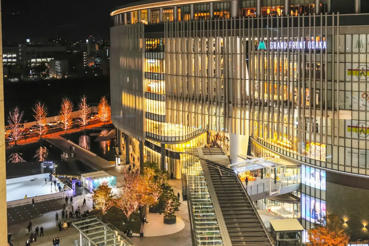 The modern architecture of Grand Front Osaka with stylish shops and dining.