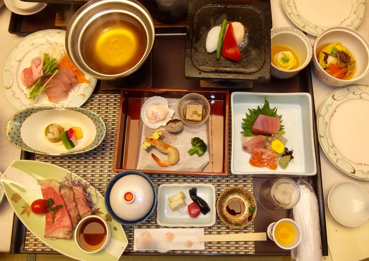 Variety of dishes in a kaiseki meal at a Ryokan Japan