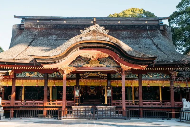 The main hall of Dazaifu Tenmangu Shrine surrounded by greenery