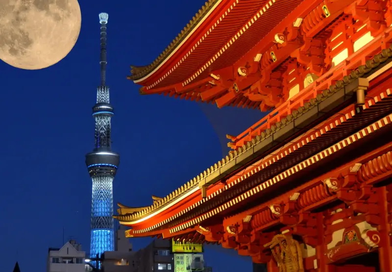 Senso-ji Temple in Asakusa with its red pagoda and lanterns
