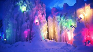 Ice illuminated with colorful lights at the Lake Shikotsu Ice Festival.