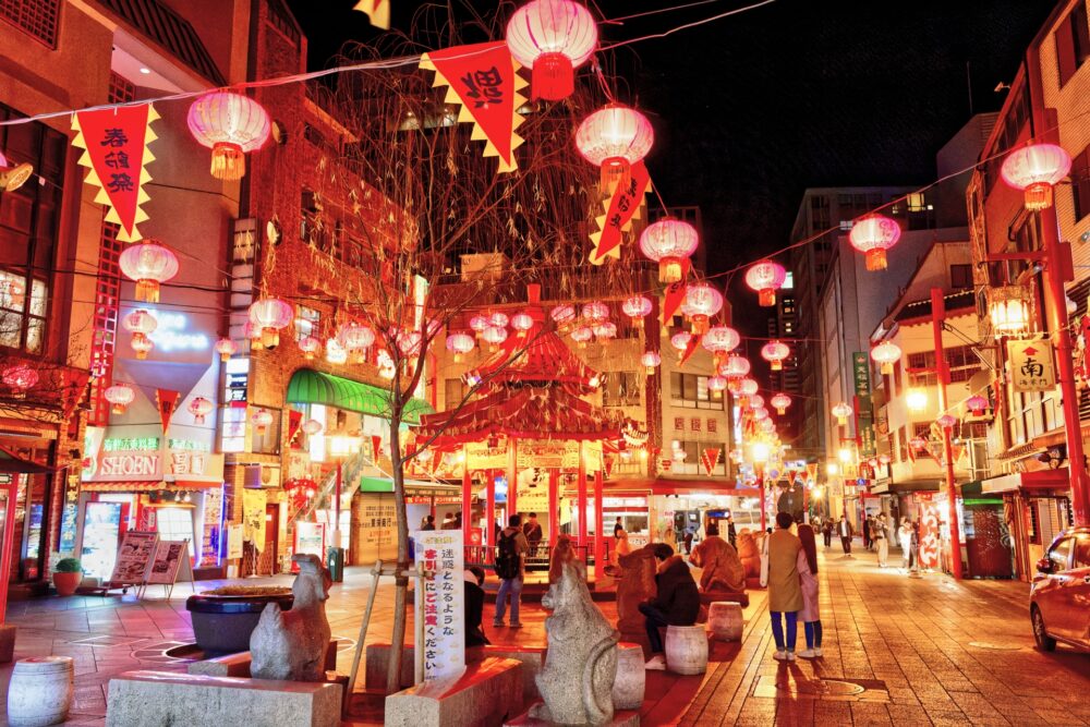 A beautifully lit Kobe Chinatown at night