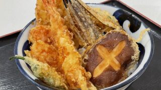 A tempura bowl topped with crispy vegetable tempura at Tendon Tenya, perfect for veggie lovers.