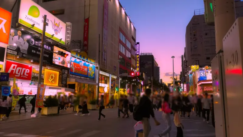 Kokusai Street bustling with shops and restaurants