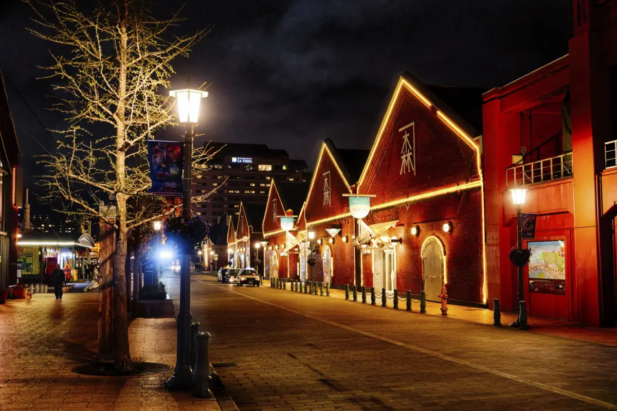 Night view of the red brick warehouses in Hakodate, Hokkaido