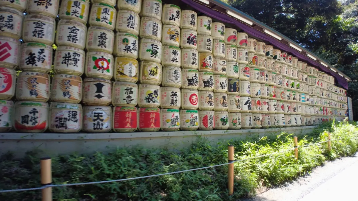 Decorative rows of sake barrels at Meiji Jingu