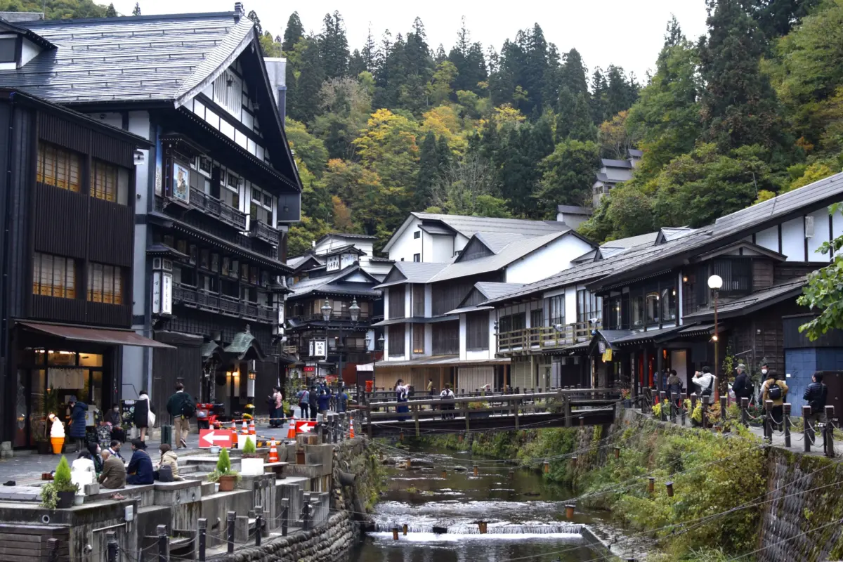 Traditional onsen inns along a river in Japan