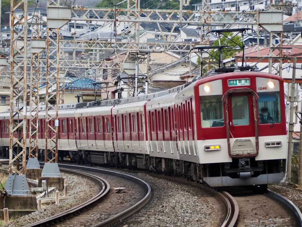 A Kintetsu Nara Line train passing through a scenic view near Nara Park.