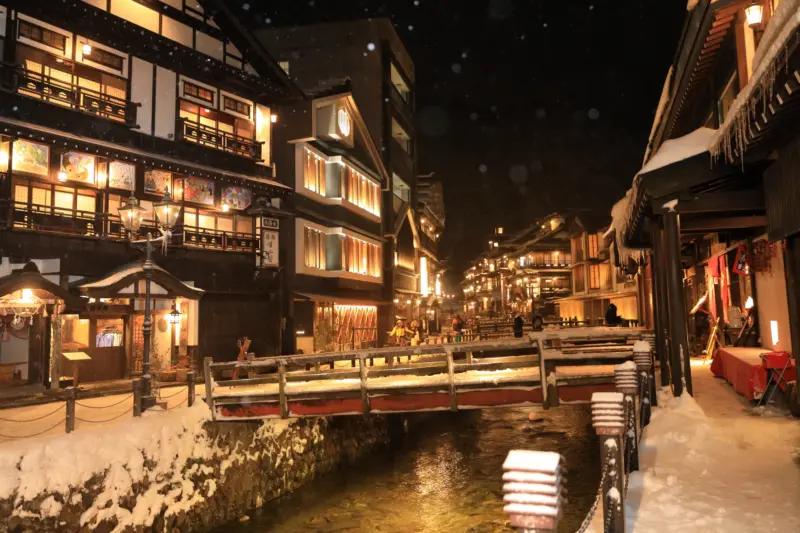 Traditional wooden ryokans along the riverside in Ginzan Onsen