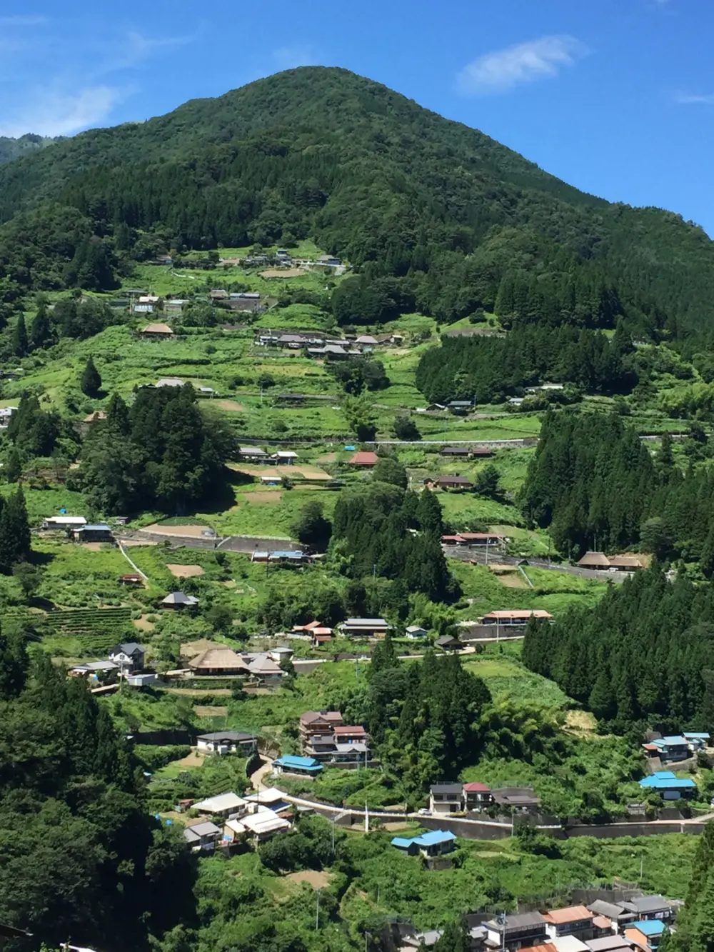 Ochiai Village with traditional mountain homes and lush surroundings.