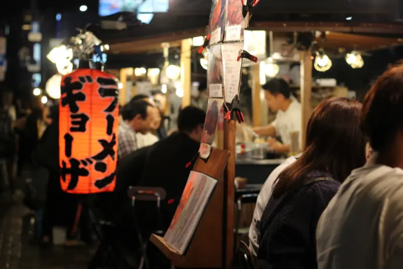 Yatai food stalls lined up at night in Fukuoka