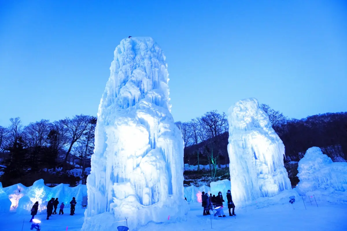 Towering ice pillars at the Lake Shikotsu Ice Festival.