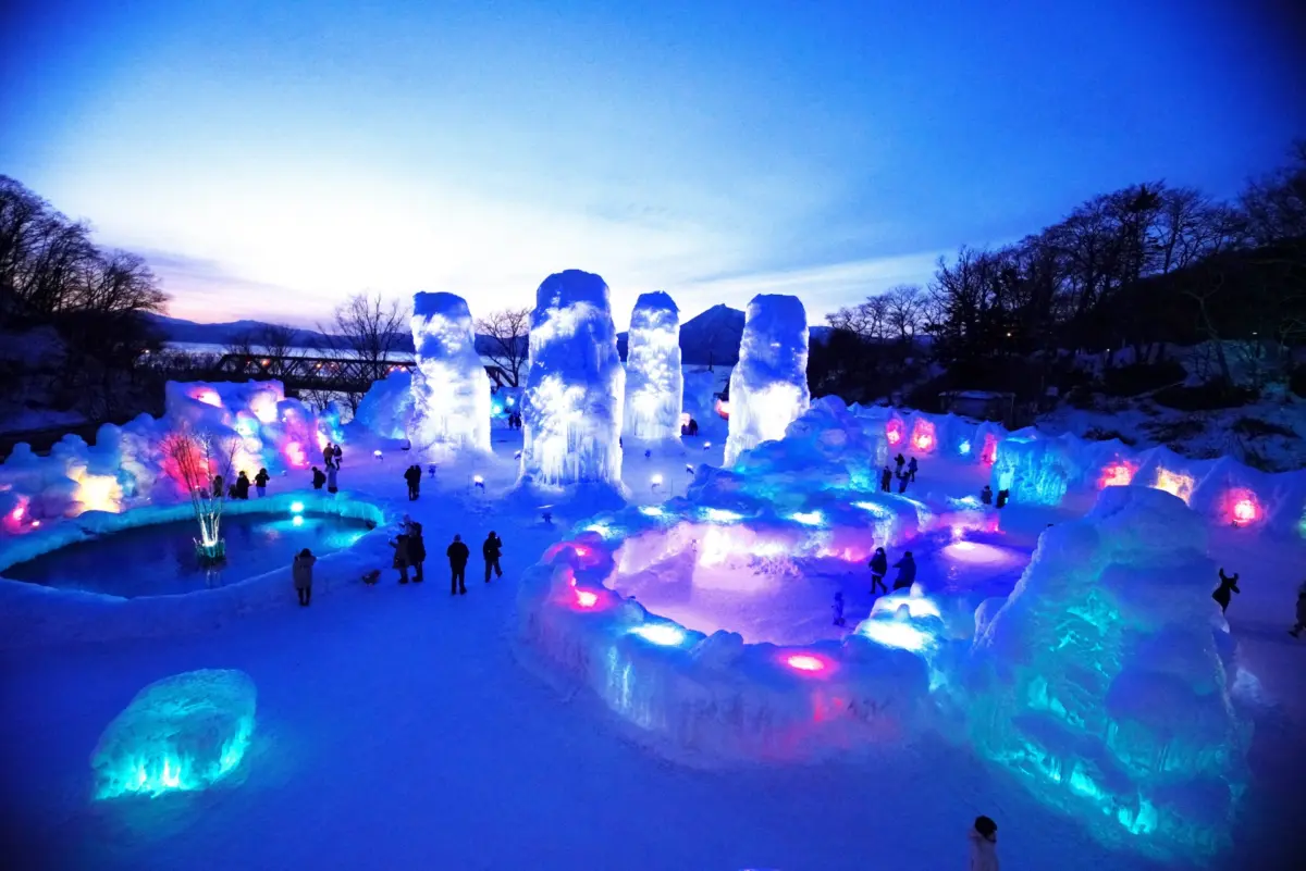 Illuminated ice venue at the Lake Shikotsu Ice Festival.