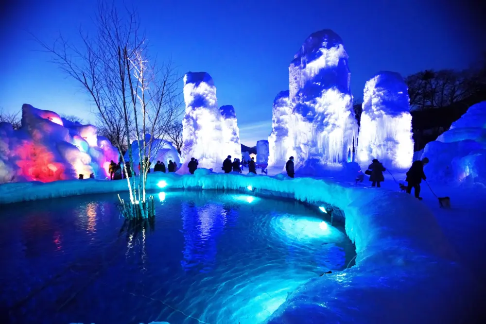 olorful ice sculptures at the Lake Shikotsu Ice Festival in winter.