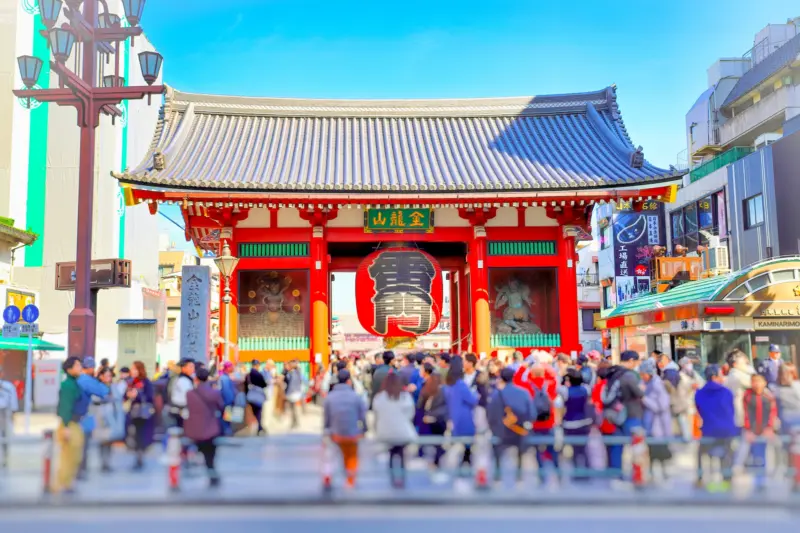 Senso-ji Temple in Tokyo, featuring its iconic red lanterns.
