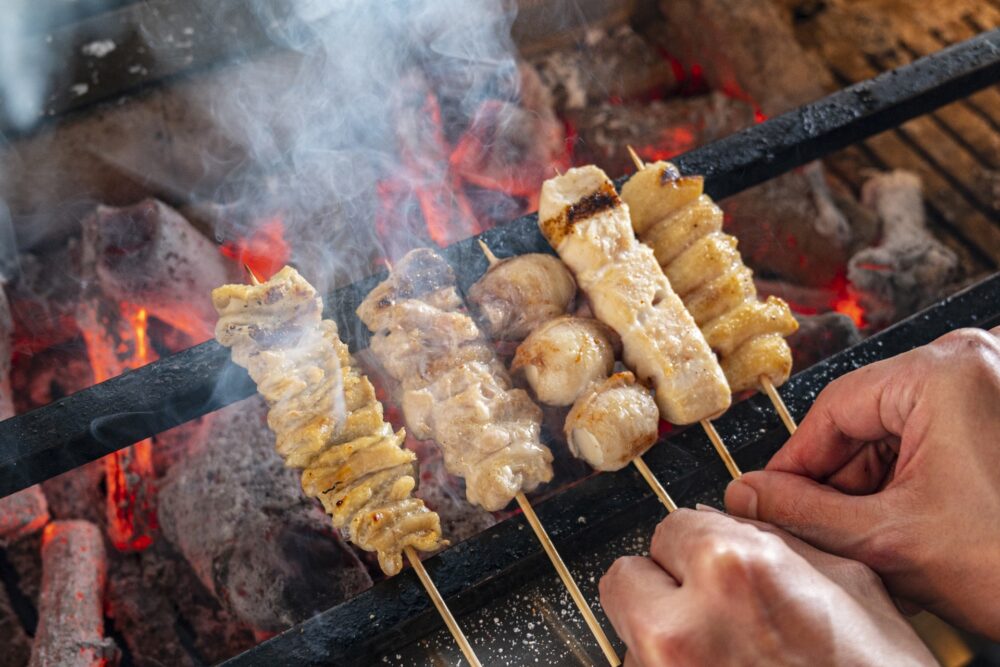 grilled yakitori over binchotan charcoal in Japan