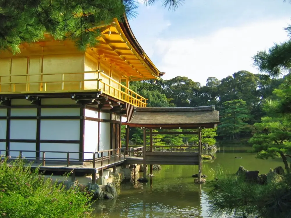 The tranquil gardens surrounding Kinkakuji, highlighting Japanese landscaping
