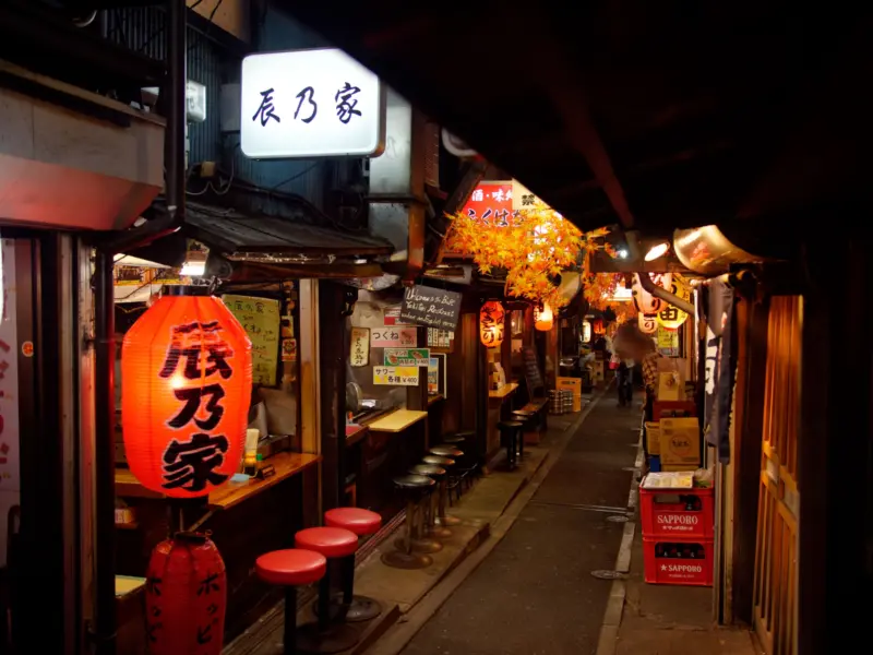 Narrow alley with small izakayas serving grilled food