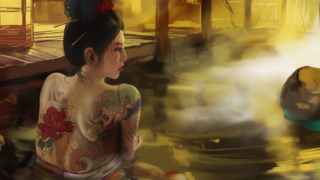 woman with a full-back Japan tattoo in Onsen