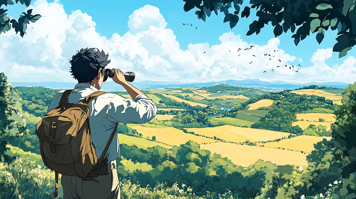 A traveler enjoying Japan's scenery through binoculars (Solo Travel Japan)