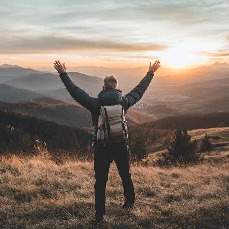 Male traveler standing on a mountain with arms raised, feeling freedom in Japan