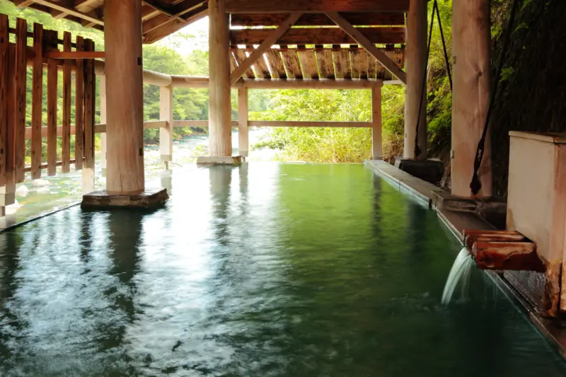 A traditional ryokan in Akiu Onsen surrounded by nature.
