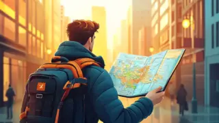 Male traveler looking at a map, enjoying solo travel in Japan