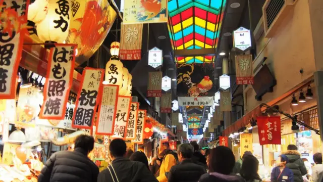 A bustling crowd at Nishiki Market
