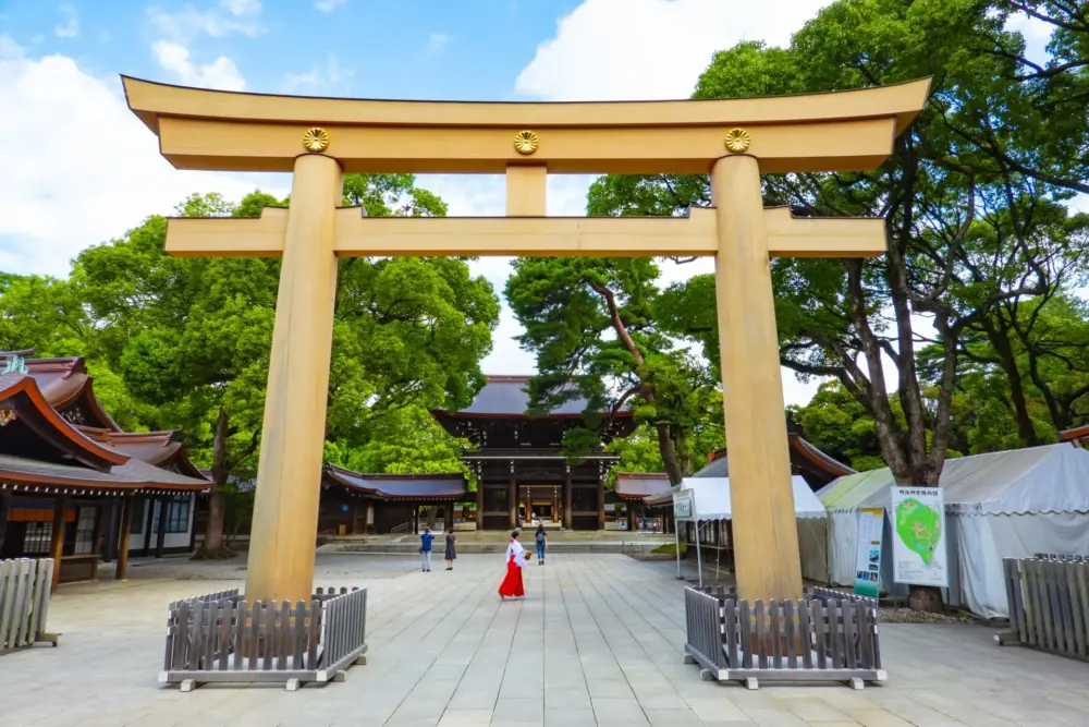 A grand torii gate at Meiji Jingu Shrine