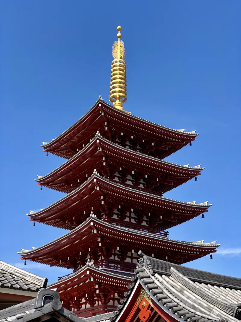 The illuminated five-story pagoda at Senso-ji, a symbol of Buddhist harmony.