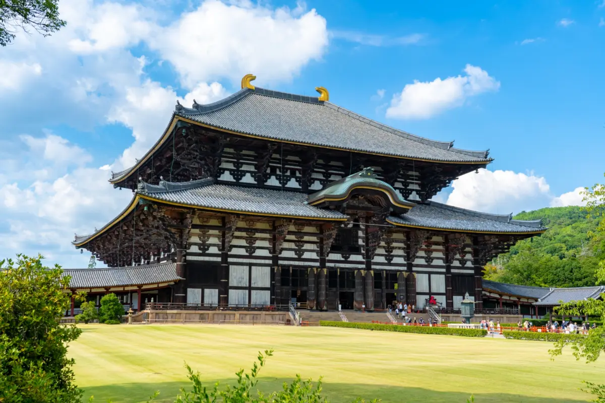 Todai-ji Temple in Nara, a historic landmark from the Nara period, featuring the Great Buddha and traditional Japanese architecture.