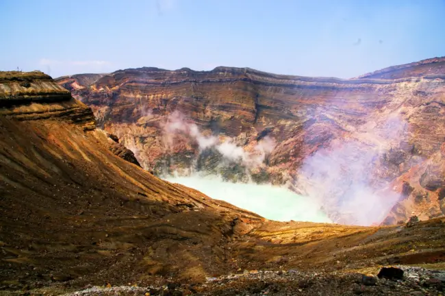 The steaming crater and lush grasslands of Mount Aso, one of the world’s largest active volcanoes