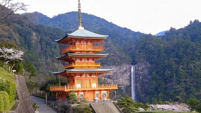 "Nachi Falls, Japan's tallest single-drop waterfall, with Kumano Nachi Taisha Shrine nearby.