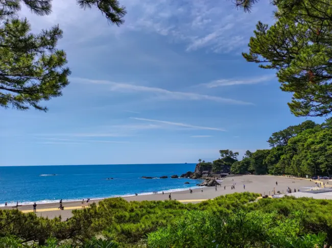 Katsurahama Beach with its crescent-shaped bay and the Sakamoto Ryoma statue in Kochi.