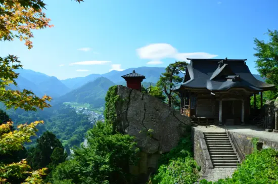 Yamadera Temple perched on a mountainside, offering panoramic views and spiritual serenity.