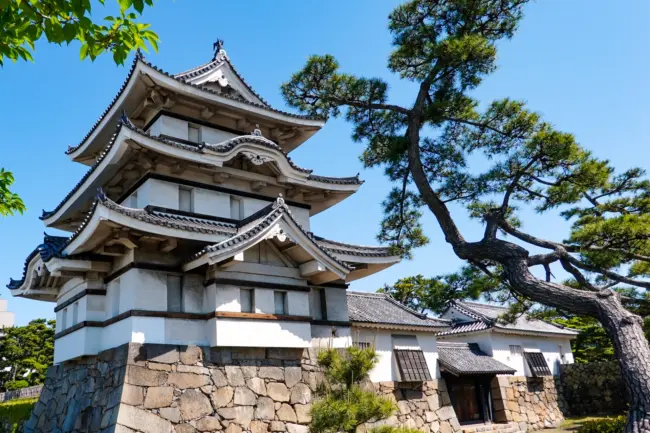The waterfront ruins of Takamatsu Castle and vibrant cityscapes of Takamatsu, Kagawa.