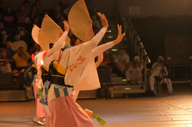 Dancers performing the traditional Awa Odori dance at Awa Odori Kaikan in Tokushima City