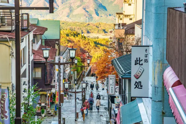 The iconic stone steps of Ikaho Onsen, surrounded by traditional inns and shops.