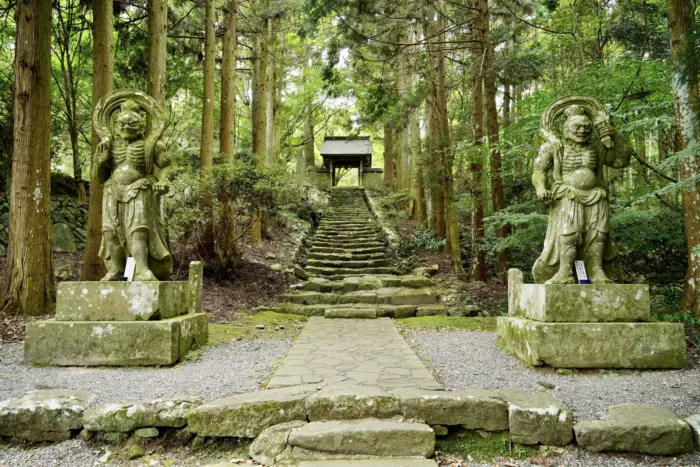 The moss-covered stone paths leading to Futago-ji Temple on the Kunisaki Peninsula, Oita.