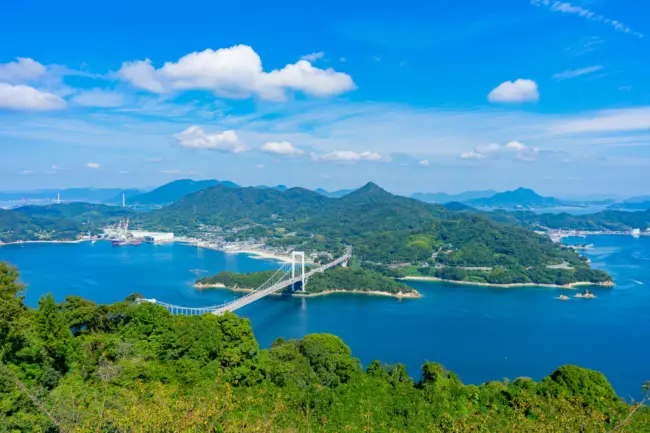 The Tatara Bridge connecting Oshima Island to the mainland, with scenic views of the Seto Inland Sea