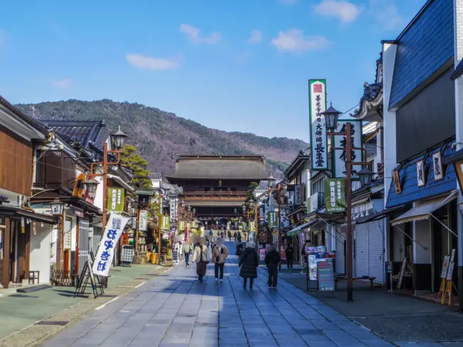 Zenkoji Temple’s grand entrance, a symbol of spiritual heritage in Nagano.