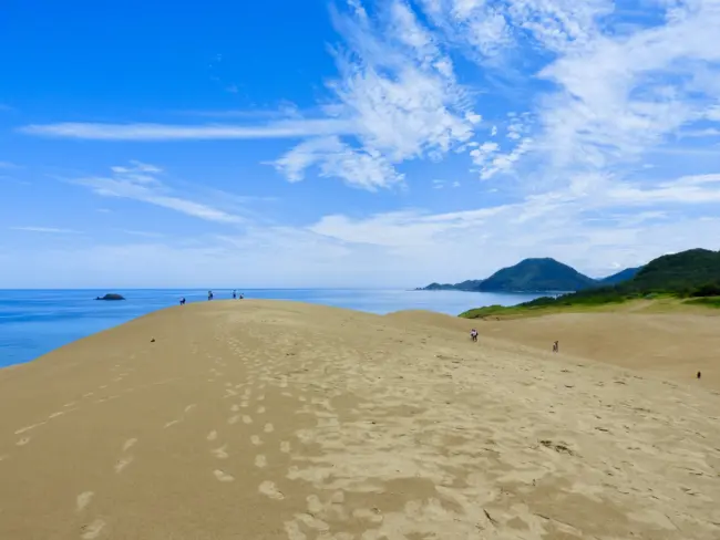 Expansive Tottori Sand Dunes with camels and views of the Sea of Japan