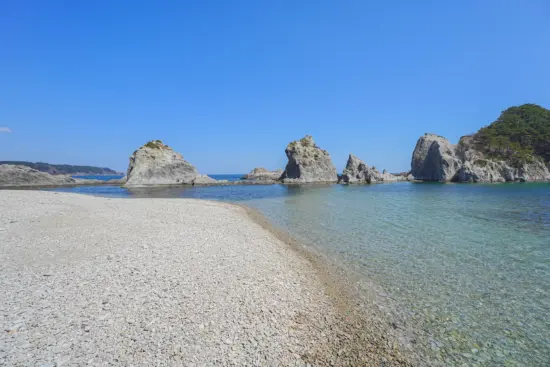 Jodogahama Beach on the Sanriku Coast, with its clear waters and dramatic rock formations.