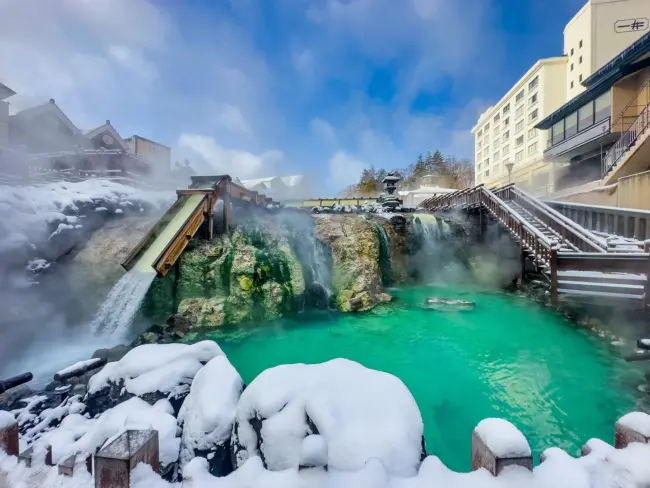 Kusatsu Onsen’s Yubatake, a steaming hot water field in the heart of the town.