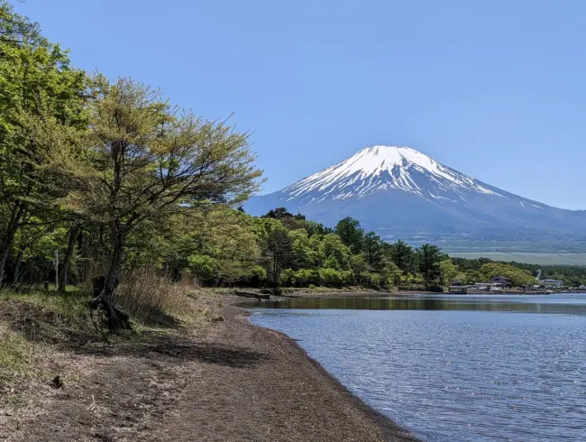 The serene Lake Kawaguchi with Mount Fuji in the background.