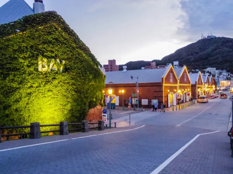 Hakodate's Red Brick Warehouses illuminated at night.