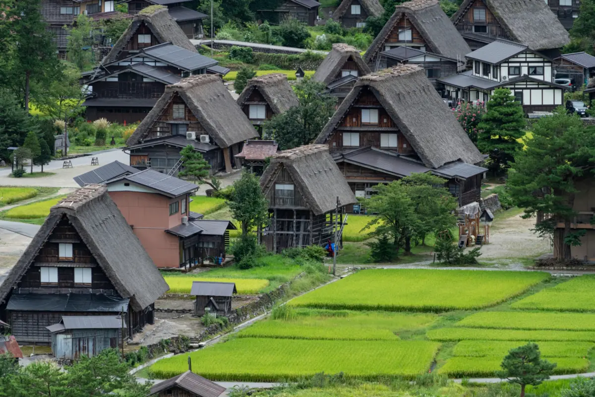 Traditional thatched-roof houses in Shirakawa-go village amidst mountains.