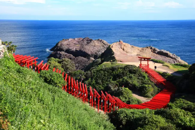 A view of Motonosumi Shrine’s 123 red torii gates leading to the Sea of Japan in Yamaguchi.